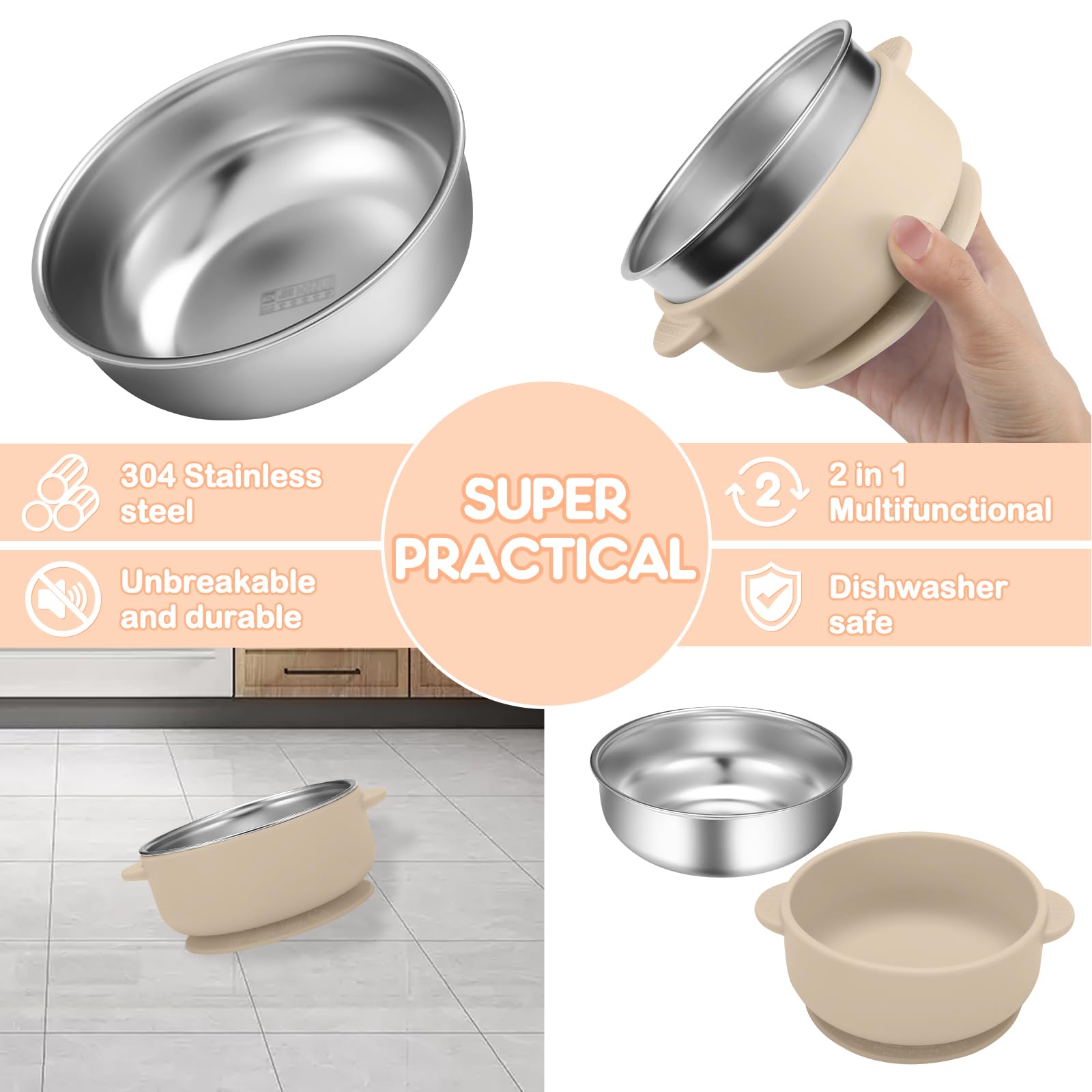 Wesketch 4 Pack Stainless Steel Baby Bowls with Removable Non-Slip Silicone Suction Shell, Anti Scald Food Container for Baby Food Feeding-Skyblue/Gray/Red/Cream