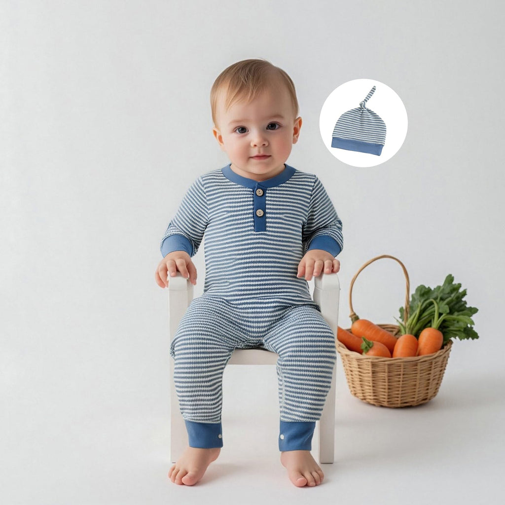 Kuriozud Newborn Infant Unisex Baby Boy Girl Clothes Button Romper Jumpsuit Basic One Piece Outfits Striped Long Sleeve with Hat Blue, Newborn