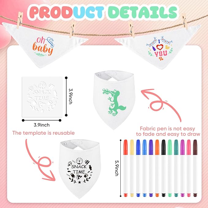 NACHLYNN 37 Pcs White Baby Bibs Baby Shower Games Set Including 6 Blank Baby Bibs 6 Stencils 12 Clothespins 12 Fabric Markers 1 Hemp Rope for Boys Girls Gender Reveal Party