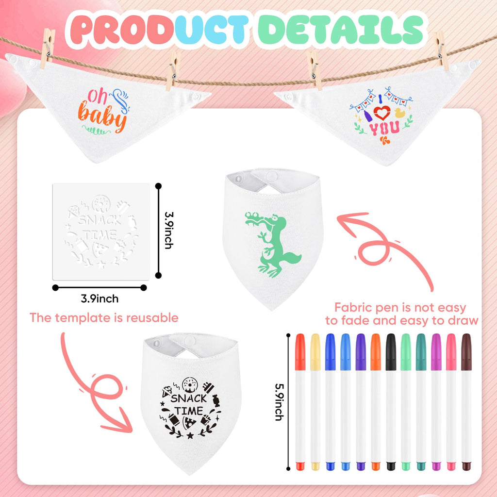 NACHLYNN 37 Pcs White Baby Bibs Baby Shower Games Set Including 6 Blank Baby Bibs 6 Stencils 12 Clothespins 12 Fabric Markers 1 Hemp Rope for Boys Girls Gender Reveal Party