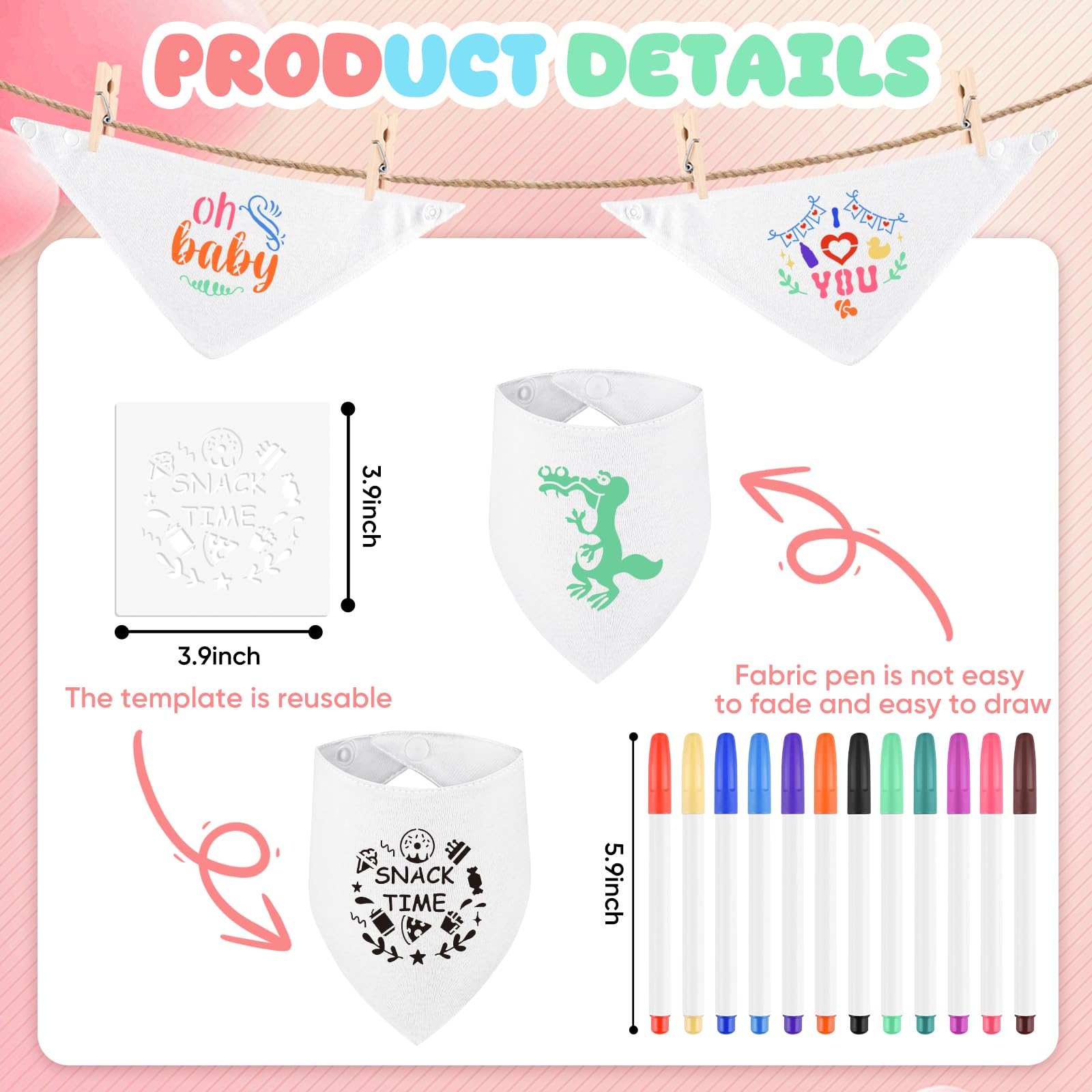 NACHLYNN 37 Pcs White Baby Bibs Baby Shower Games Set Including 6 Blank Baby Bibs 6 Stencils 12 Clothespins 12 Fabric Markers 1 Hemp Rope for Boys Girls Gender Reveal Party