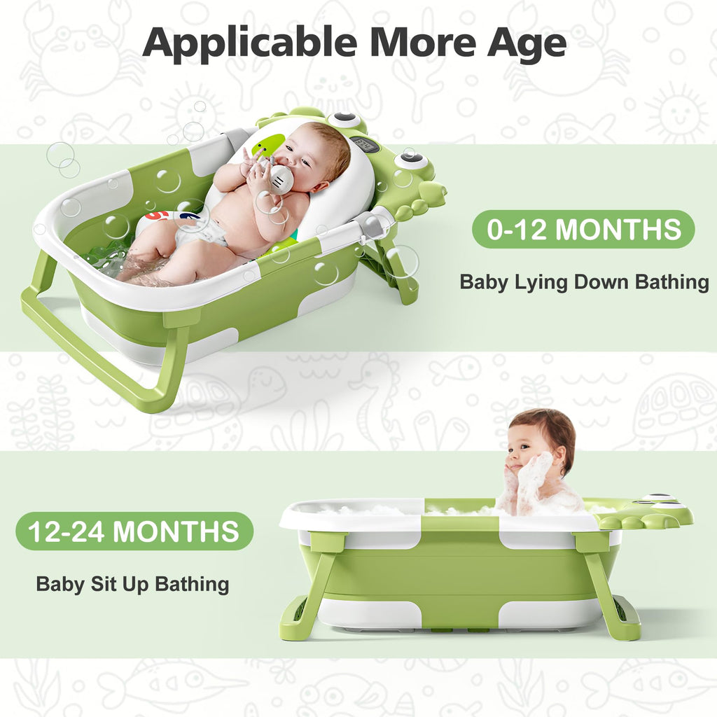 Collapsible Baby Bathtub for Newborns with Thermometer and Soft Floating Cushion Portable and Foldable Travel Baby Boy Bath Tub for Infants to Toddler 0-36 Month (Green)