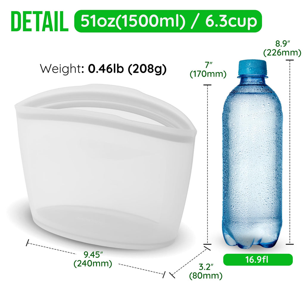 FIRGI Reusable Silicone Food Storage Bag, 6 Cups, Large Container, Made in Korea BPA-Free Platinum Silicone, Triple-Airtight Freezer Bag, Microwave Safe, Sous Vide, Meal Prep, 51oz, White