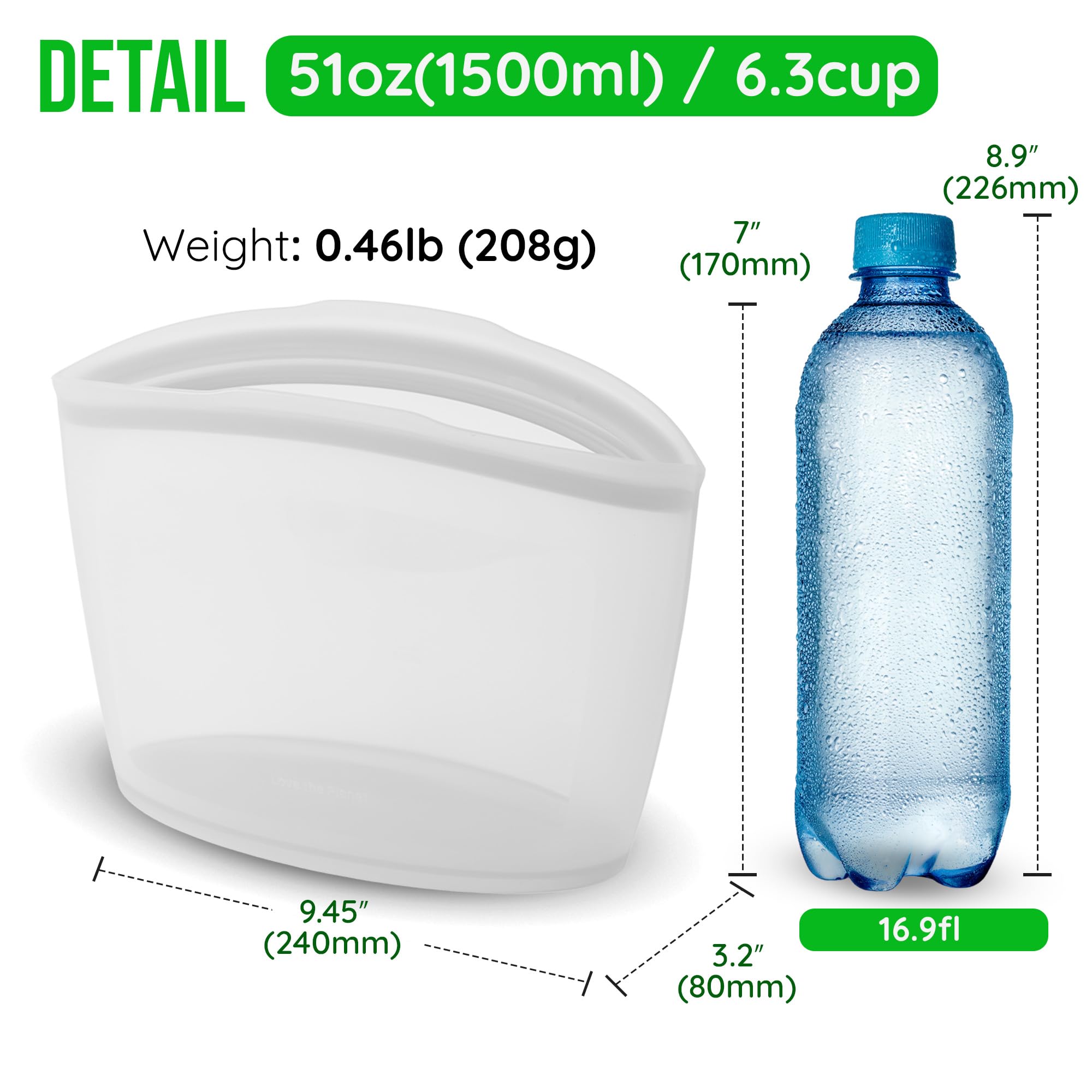 FIRGI Reusable Silicone Food Storage Bag, 6 Cups, Large Container, Made in Korea BPA-Free Platinum Silicone, Triple-Airtight Freezer Bag, Microwave Safe, Sous Vide, Meal Prep, 51oz, White