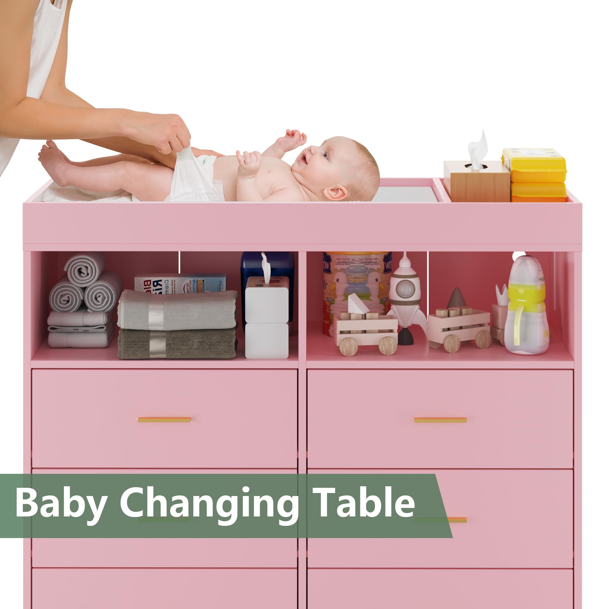 GarveeHome Dresser for Bedroom with 6 Drawers, Baby Changing Table Dresser with Changing Pad, LED Lights & Charging Station, Baby Changing Station with Changing Table Top (Pink)