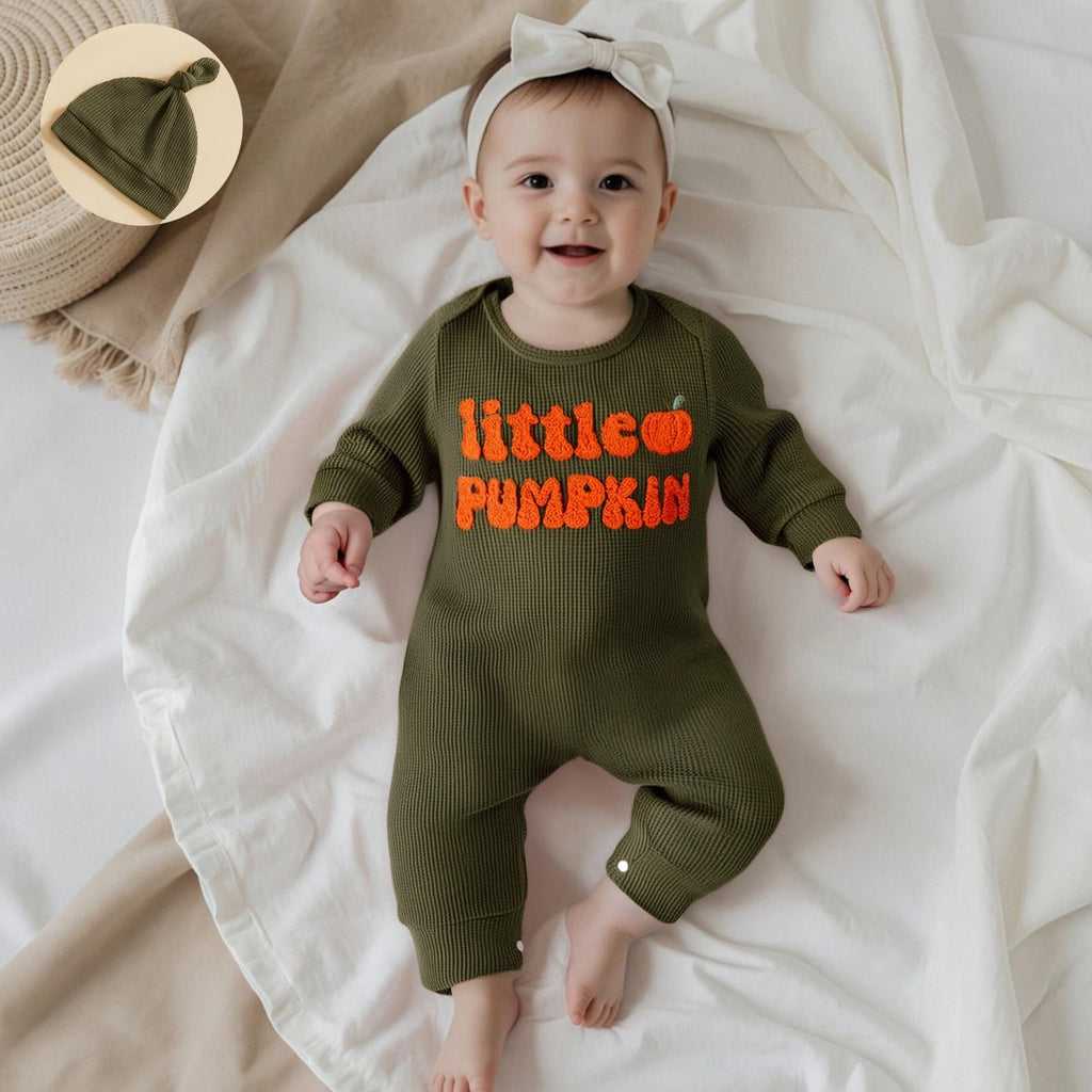 Doqcey Newborn Infant Baby Boy Halloween Outfit Little Pumpkin Embroidery Romper Waffle Knit Long Sleeve Jumpsuit with Hat (Green, 3-6 Months)