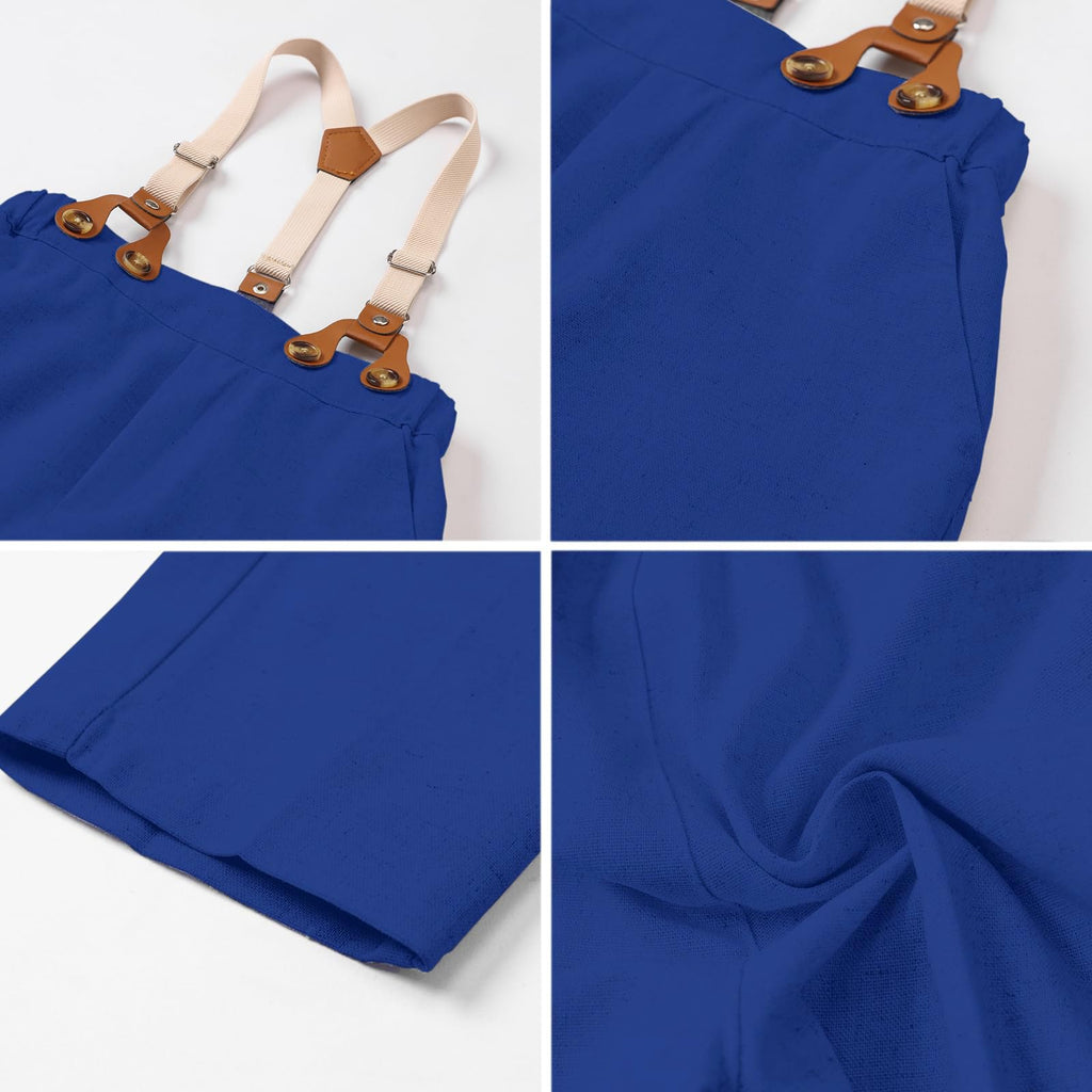 SANGTREE Boys Gentleman Wedding Outfits with Long Sleeve Floral Shirt, Bowtie, Boutonniere, Vest and Suspender Pants Sets, Linen Blue Sea, 9-12 Months = Tag 70