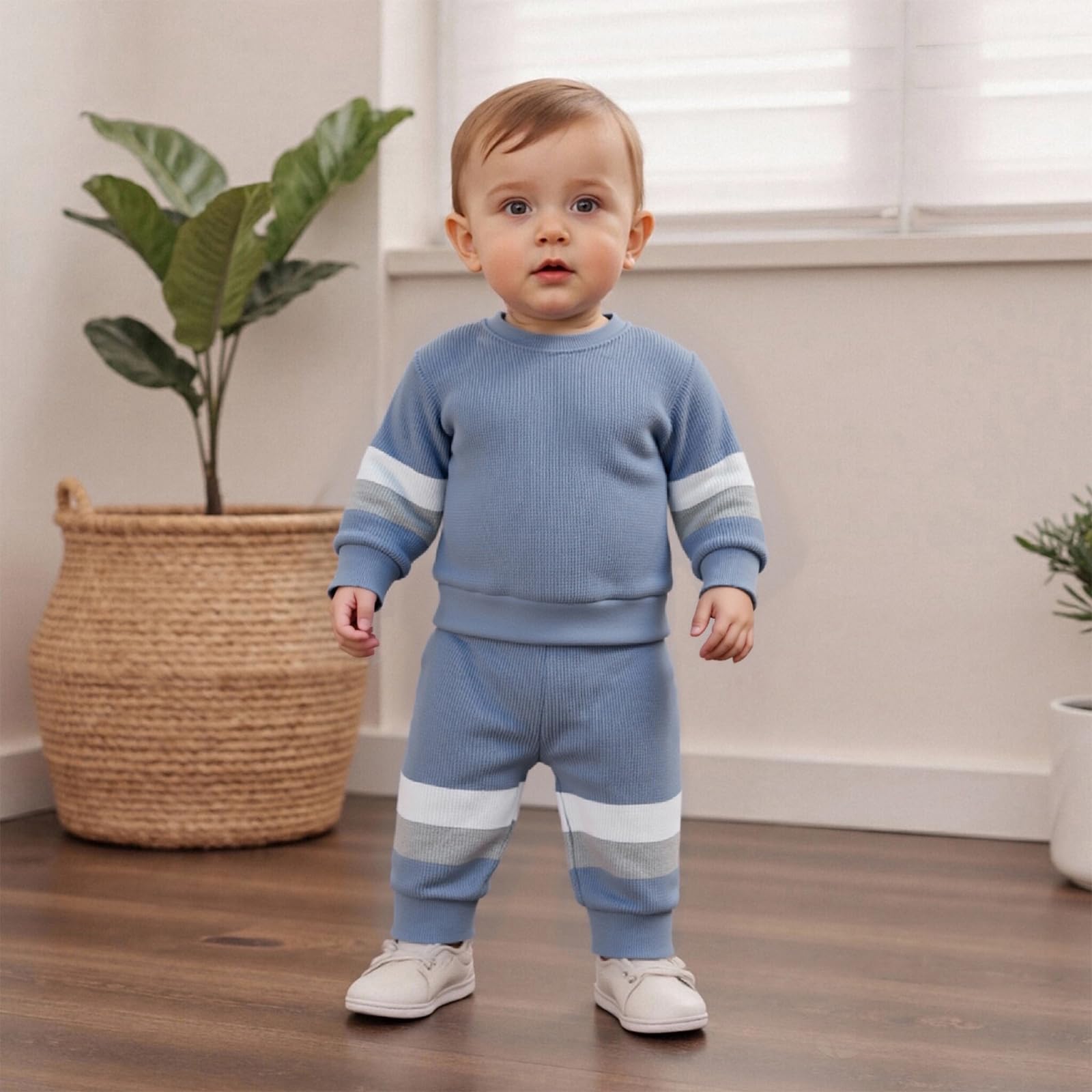 Kuriozud Toddler Baby Boy Fall Winter Clothes Long Sleeve Crewneck Pullover Sweatshirt Jogger Pants Set 2 Piece Outfit (Waffle Color Block Blue, 18-24 Months)