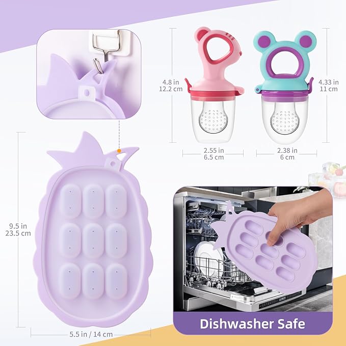 Baby Fruit Feeder Baby Breastmilk Popsicle Molds, Food Freezer Tray Storage Containers, Silicone Pacifier Feeder and Teether, Includes 6 Extra Food Pacifier