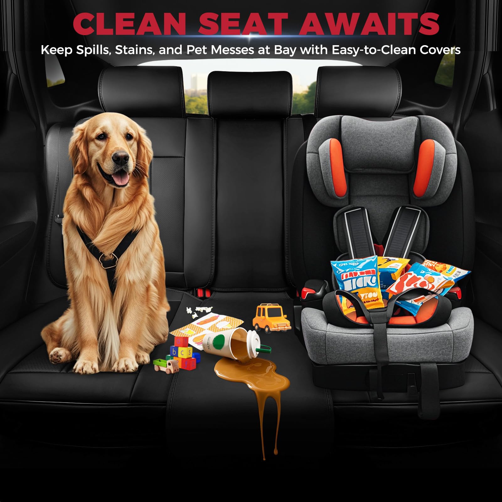 FREESOO Leather Seat Covers Full Set for Cars Trucks SUV, Black
