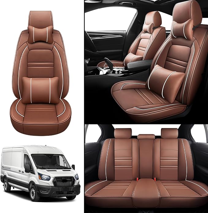 Car Seat Covers for Ford Transit 2014-2024 | 5-Seats Seat Covers, Waterproof Seat Protectors, Automotive Seat Covers (Full Set with Pillow,Coffee)