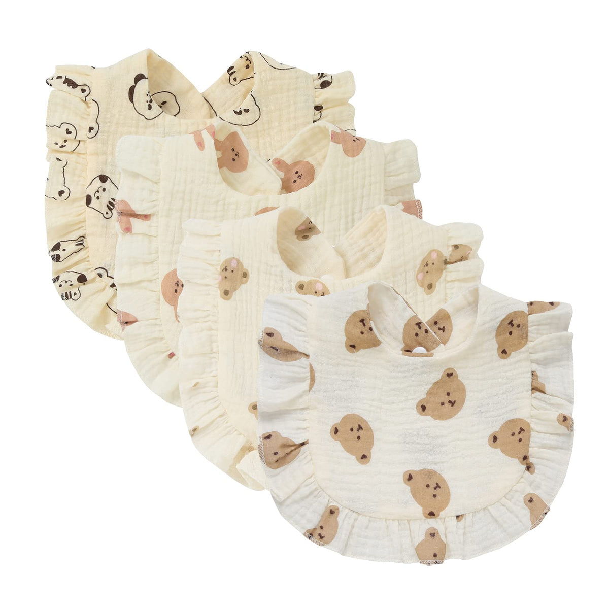 Nishine 4 PACK Solid Muslin Baby Drool Bibs Set for Unisex Boys Girls Cotton Adjustable Teething Feeding Drooling Bibs (Animal Set)