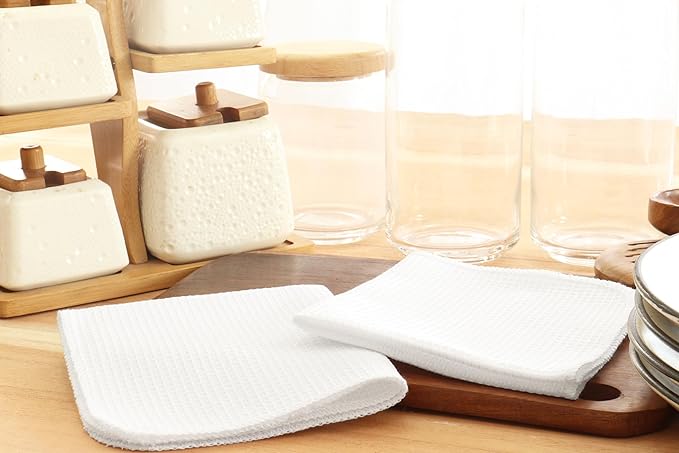 PurpleEssences Dish Cloths and Dish Rags - 8 Pack Waffle Weave Solid Kitchen Dish Wash Cloths, 100% Cotton, 12 x 12 Inches, Ultra Soft Absorbent Quick Drying - Fall Thanksgiving - White