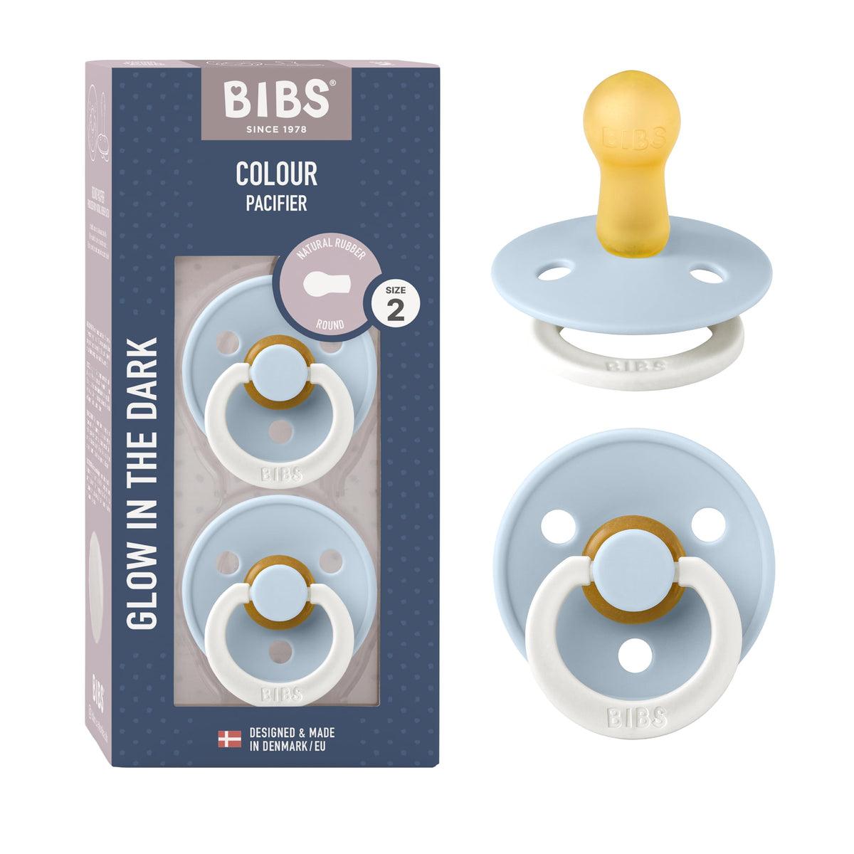 BIBS Pacifiers Colour Collection | Natural Rubber Baby Pacifier | Set of 2 BPA-Free Soothers | Made in Denmark | 18+ Months (Pack of 2) | Sage Night/Cloud Night