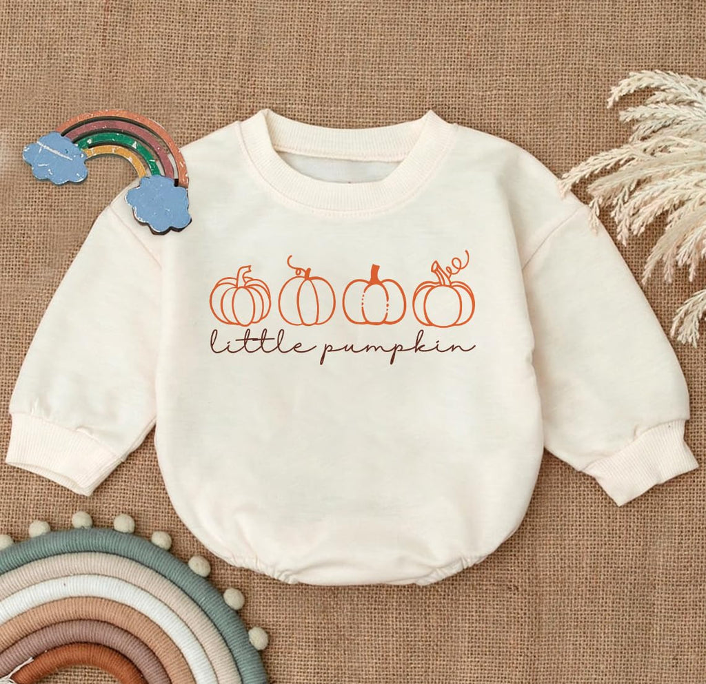 2PC Little Pumpkin Baby Romper, Infant Halloween Ghost Outfit, Fall Baby Girl Boy Bodysuit, Long Sleeve Autumn Clothes, Bubble Romper Sweater Clothes (Multicolor, 6-12 Months)