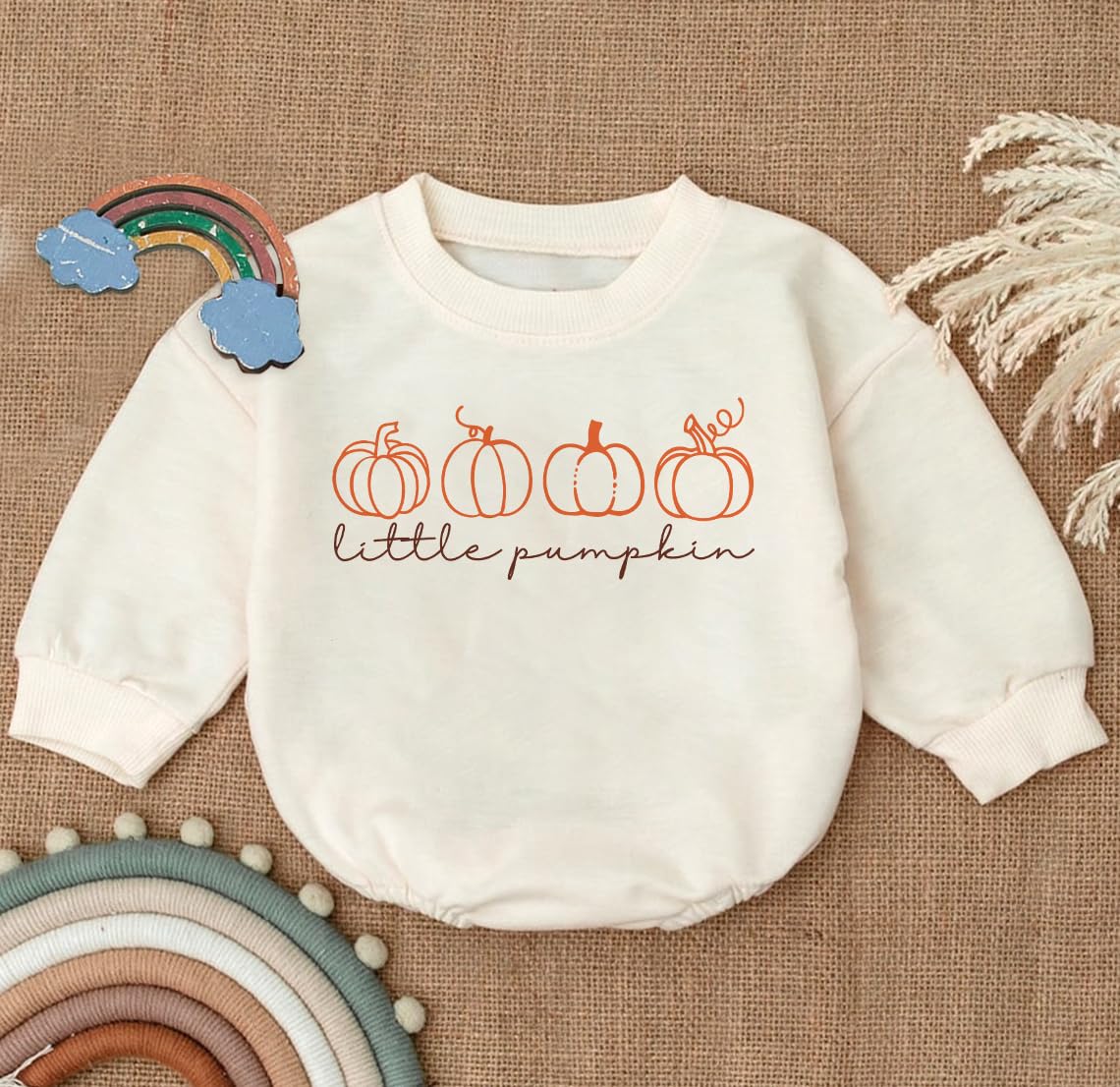 2PC Little Pumpkin Baby Romper, Infant Halloween Ghost Outfit, Fall Baby Girl Boy Bodysuit, Long Sleeve Autumn Clothes, Bubble Romper Sweater Clothes (Multicolor, 6-12 Months)