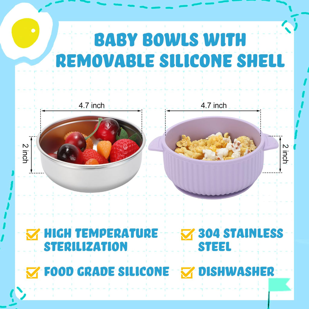 Nuogo 6 Pcs Stainless Steel Baby Bowls with Removable Silicone Shell 304 Toddler Bowls Kids Anti Scald Snack Container for Food Feeding, Dishwasher Safe(Multicolor,Suction-c)