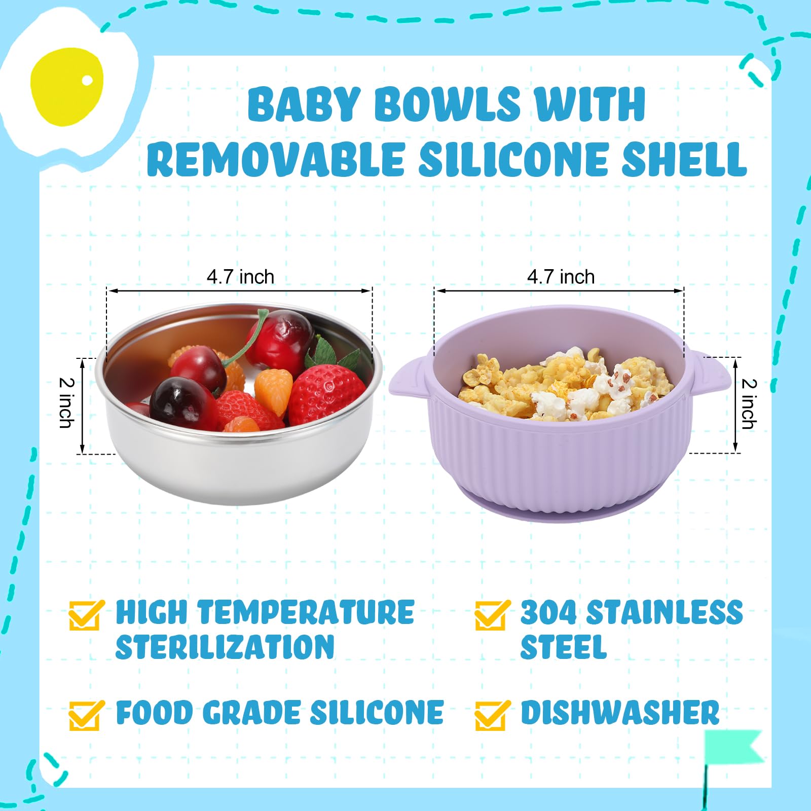 Nuogo 6 Pcs Stainless Steel Baby Bowls with Removable Silicone Shell 304 Toddler Bowls Kids Anti Scald Snack Container for Food Feeding, Dishwasher Safe(Multicolor,Suction-c)