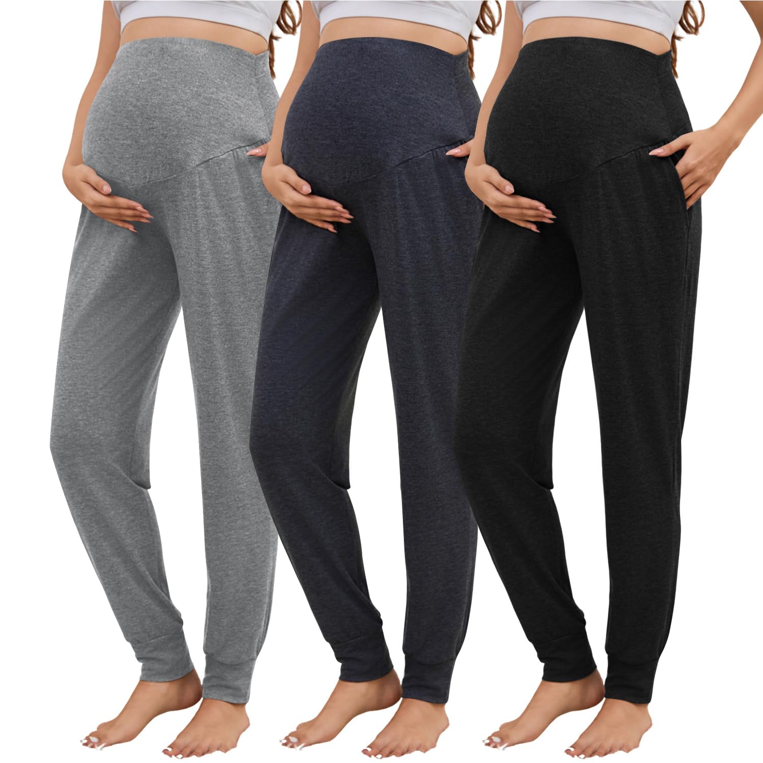 Tjukufpa 3 Pack Women's Maternity Sweatpants Over The Belly Pregnancy Jogger Pants Stretchy Maternity Pants with Pockets