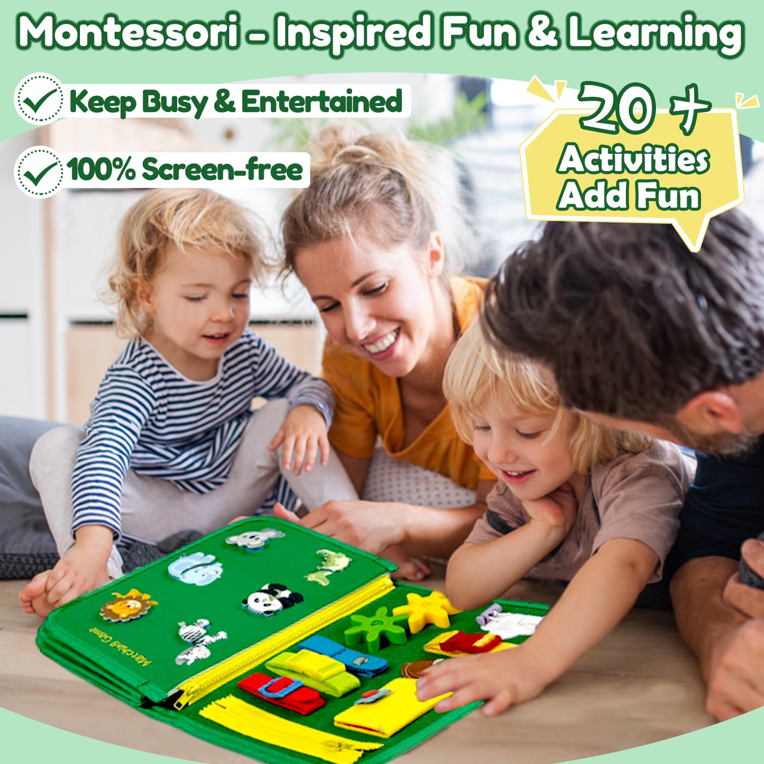 Qizfun Toddler Busy Board Montessori Toys – Sensory Busy Book, Educational Learning Travel Toy for Airplane & Car, Keeps Toddlers Engaged, Birthday Gifts for Toddler Boys Girls