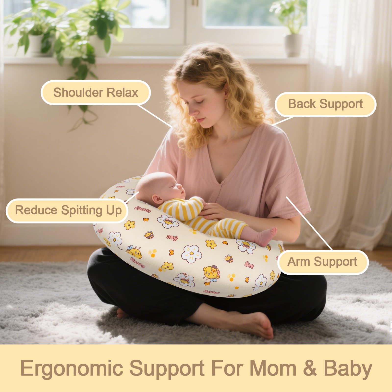 x-vesolje Baby Nursing Pillow for Breastfeeding, Adjustable Breastfeeding Pillow for Bottle Feeding, Nursing Support Pillow for Mom and Baby Healthier Nursing, Removable Cover- Bee Yellow