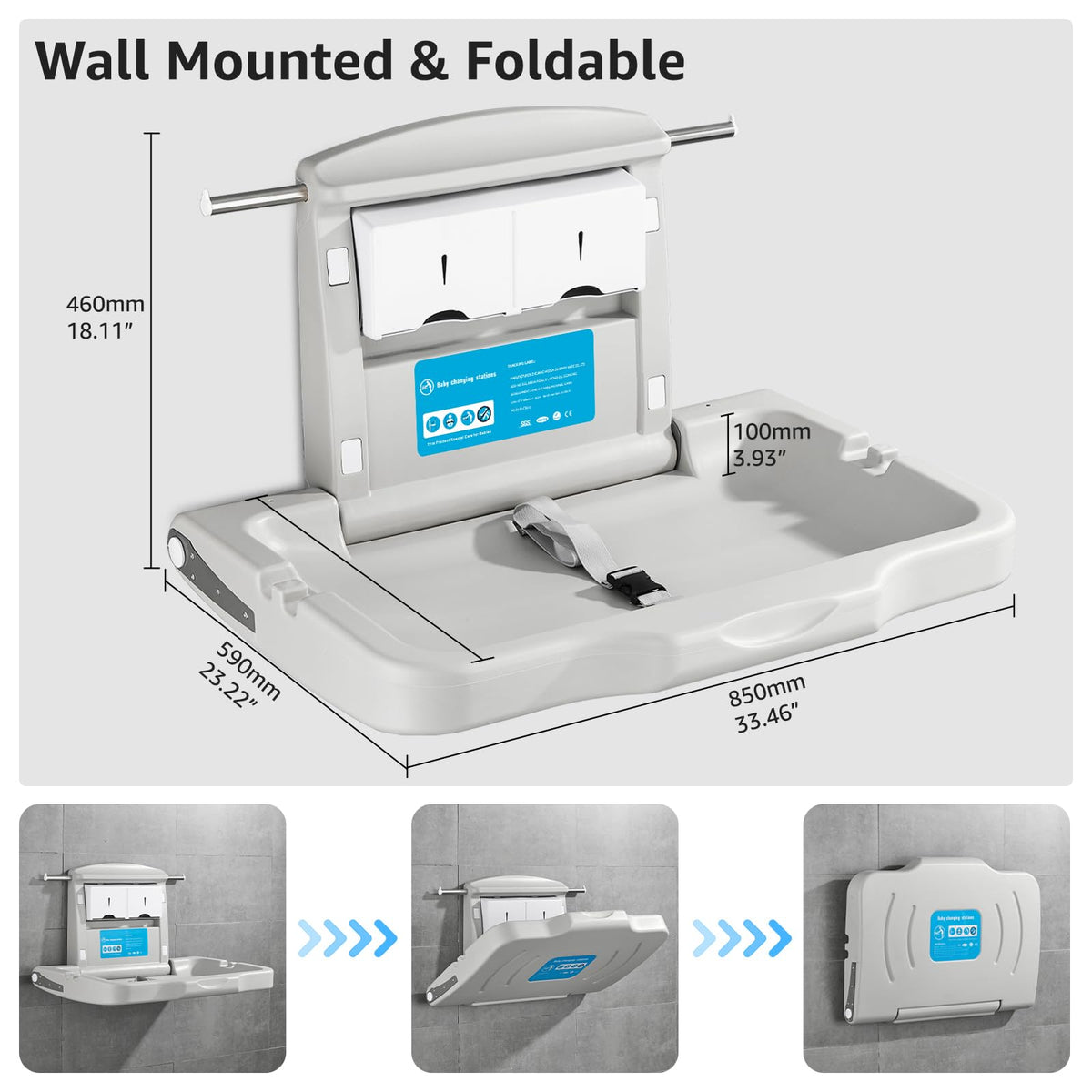 Baby Changing Station Wall Mounted: Horizontal Diaper Changing Table Foldable Diaper Tables with Safety Strap, ADA Complaint for Commercial Bathroom/Nursery/Public Restroom