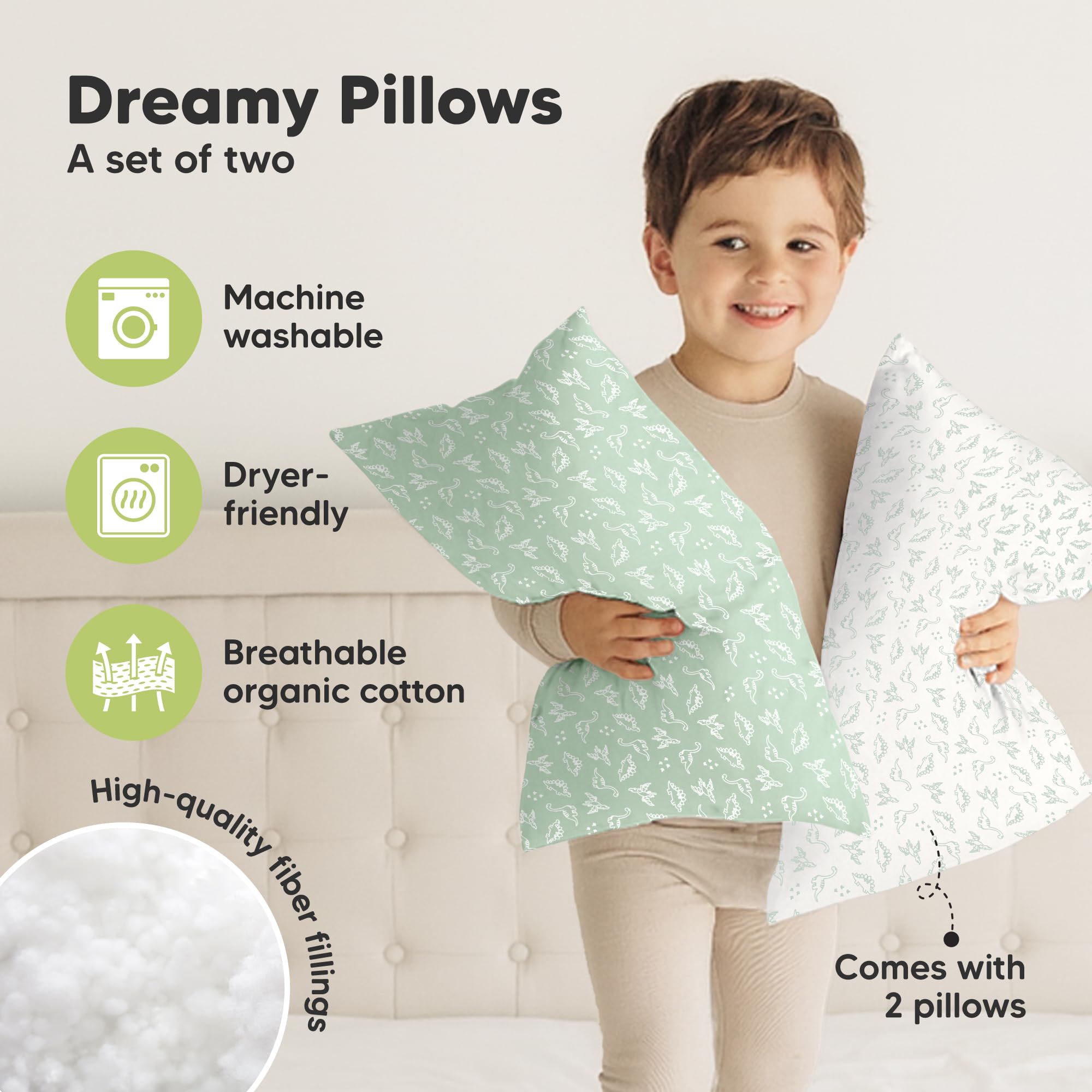 KeaBabies 2pk Toddler Pillows 2 Year Old to 5,13x18 Kids Pillow (DinoLand)