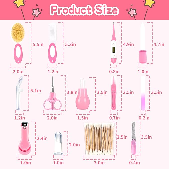 Baby Grooming Kit，Infant Safety Care Setwith Hair Brush Comb Nail Clipper Nasal Aspirator, Baby Essentials Kit for Newborn Girls Boys (14 PC-Pink Kit)
