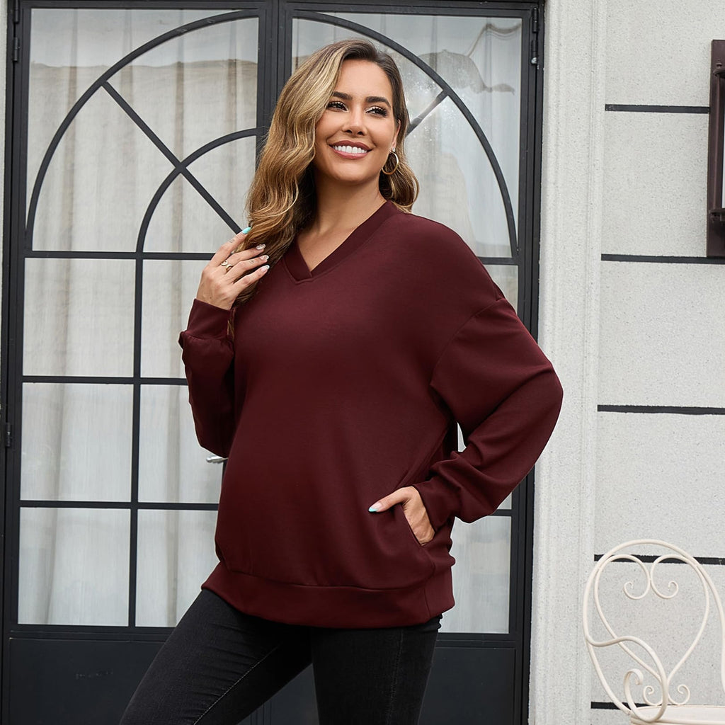 GINKANA Maternity Sweatshirts Basic Long Sleeve Shirts Soft Pregnancy Workout Tunic Pullover Top with Pockets,Burgundy,L