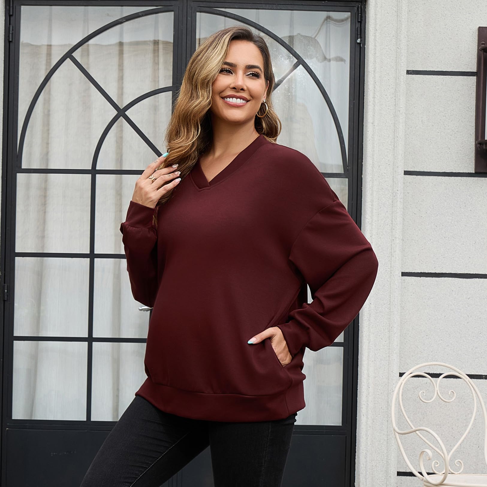 GINKANA Maternity Sweatshirts Basic Long Sleeve Shirts Soft Pregnancy Workout Tunic Pullover Top with Pockets,Burgundy,L