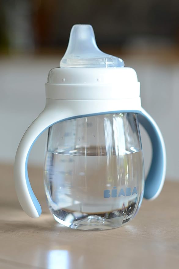 BEABA 2-in-1 Baby Bottle to Transition Sippy Cup, No Spill Sippy Cup, Includes Removable Handles, Silicone Baby Bottle Nipple and Soft Spout, 7 oz (Rain)