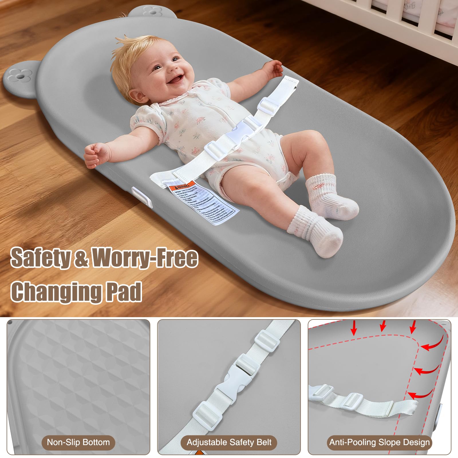 FLEUFAB Baby Changing Pad, EVA Waterproof Non-Slip Portable Mat, Grey