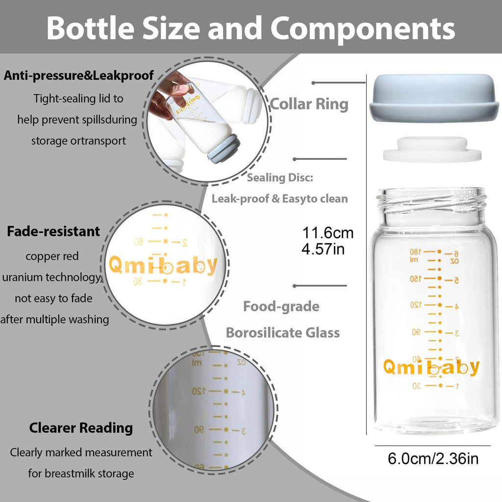 Qmibaby Glass Breastmilk Storage Bottles 180ml 6oz BPA-Free Leak-Proof Natural Baby Bottle for Breastmilk Storage Wide Neck Bottles with Screw Ring Sealing Disk Breastfeeding (Grey, 180ml-2Packs)