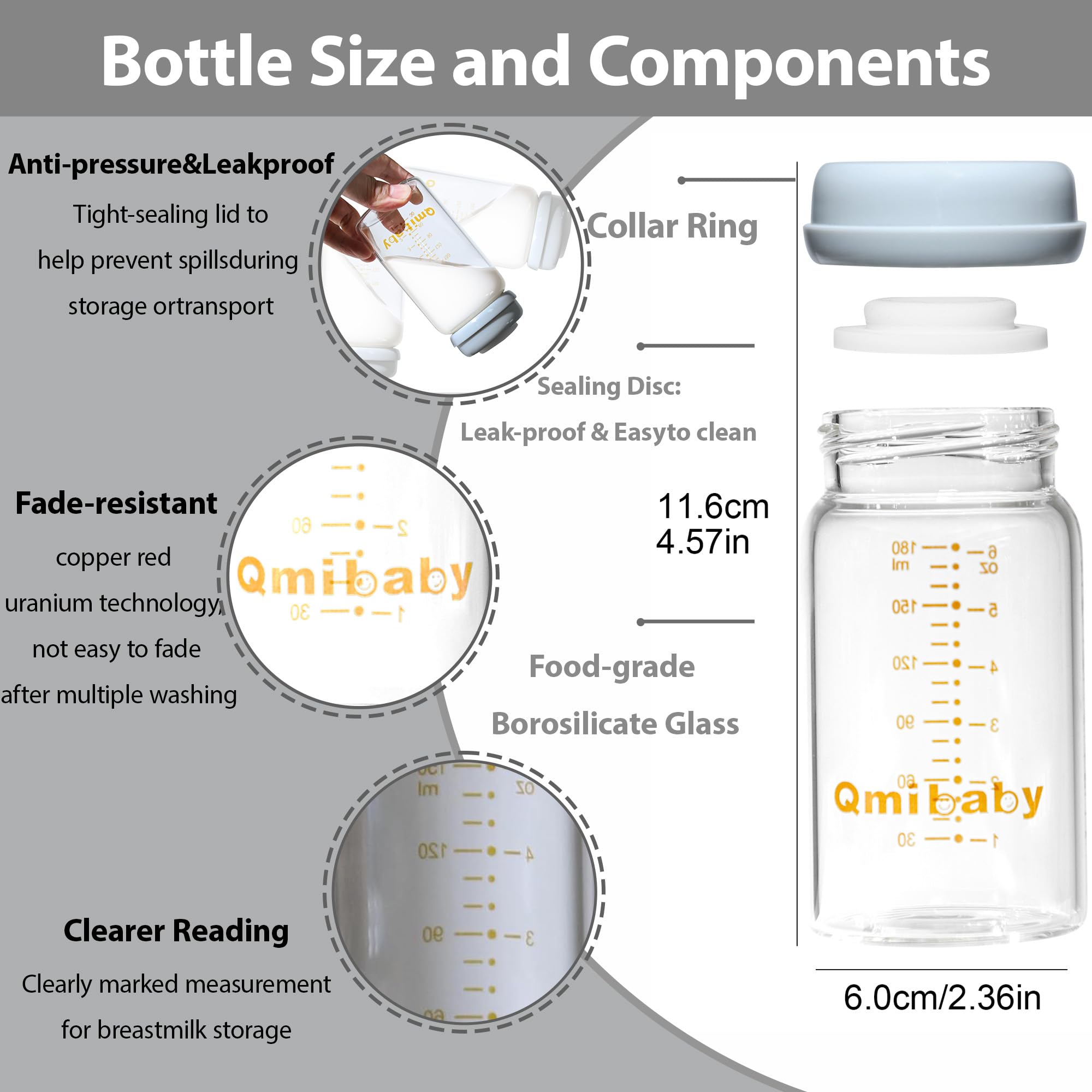 Qmibaby Glass Breastmilk Storage Bottles 180ml 6oz BPA-Free Leak-Proof Natural Baby Bottle for Breastmilk Storage Wide Neck Bottles with Screw Ring Sealing Disk Breastfeeding (Grey, 180ml-2Packs)