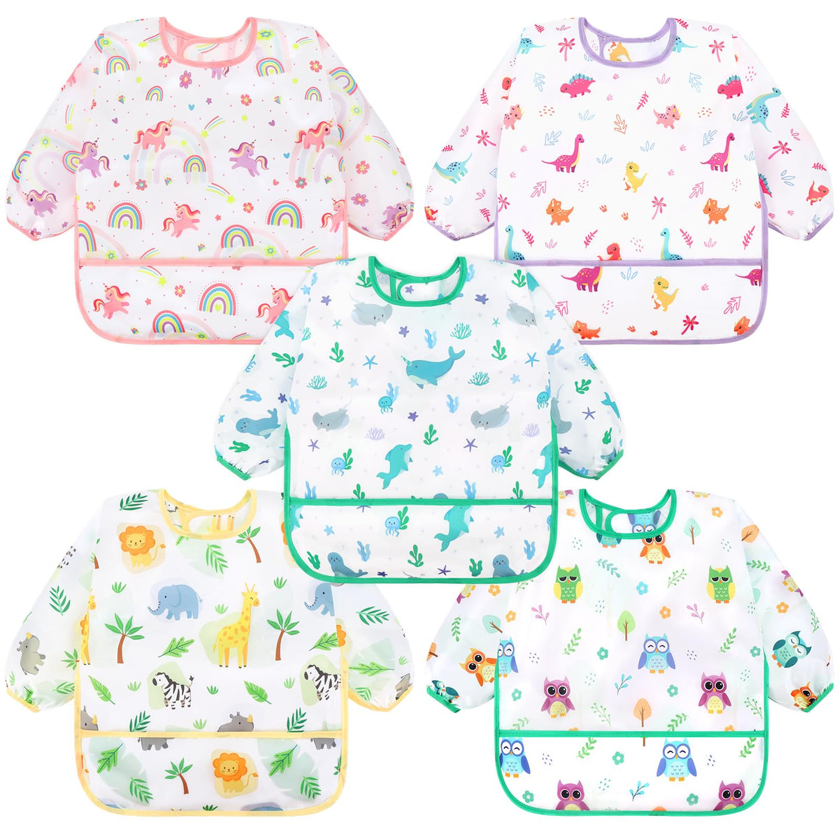 Accmor 5 Pack Long Sleeve Bibs, Baby Smock Waterproof Sleeved Bib Smock for Baby Toddler 6-24 Months