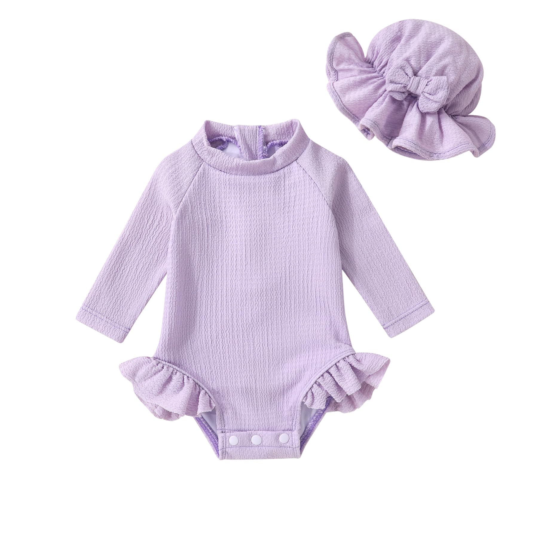 YOUNGER TREE Infant Baby Girls Long Sleeve Swimsuit One Piece Swimsuit Solid Color Bathing Suit with Hat, UPF 50+（Light Purple, 18-24 Months）