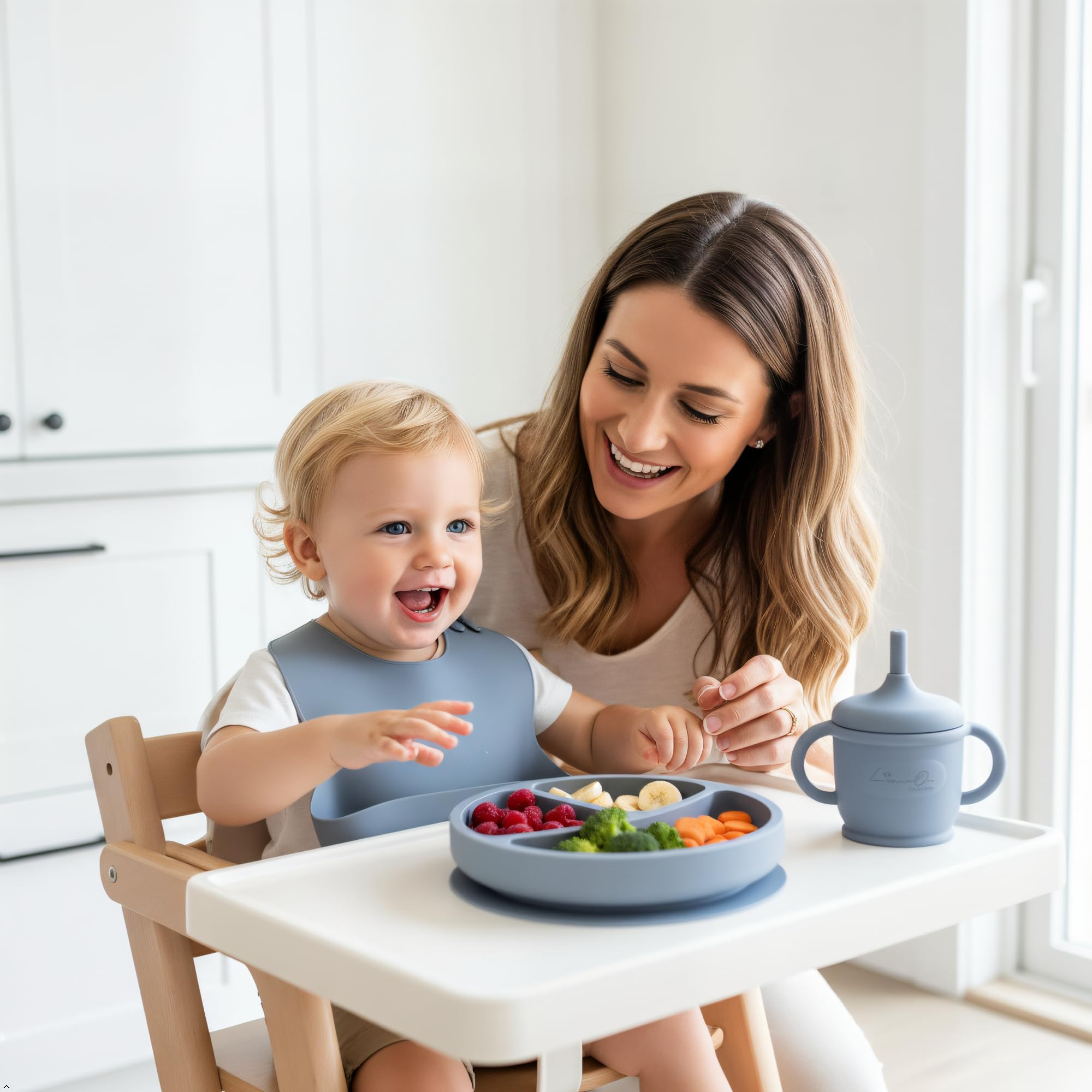 Silicone Baby Feeding Set, Suction Plates Bowls Bibs for Self Feeding –Gray