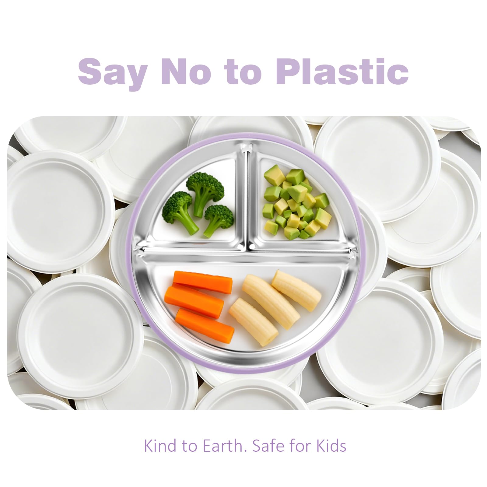 Bakpoco Stainless Steel Suction Plates for Toddlers, 9" Divided Kids Baby Plates with Removable Silicone Suction, Non Toxic Non Slip Portion Control Snack Dishes 3 Packs, Pink Beige Lilac