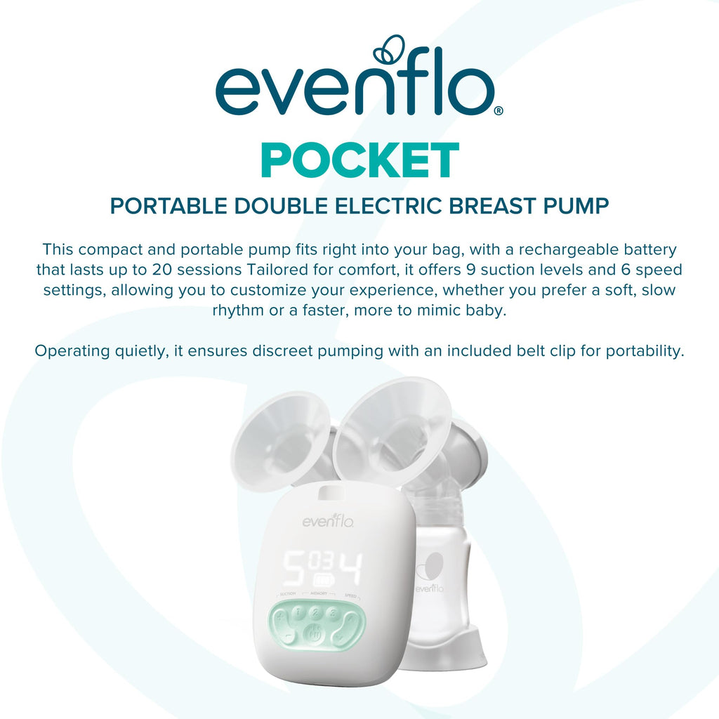 Evenflo Pocket Portable Double Electric Breast Pump, White, 20 Pumping Sessions per Charge, 9 Suction Settings, 3 Memory Presets