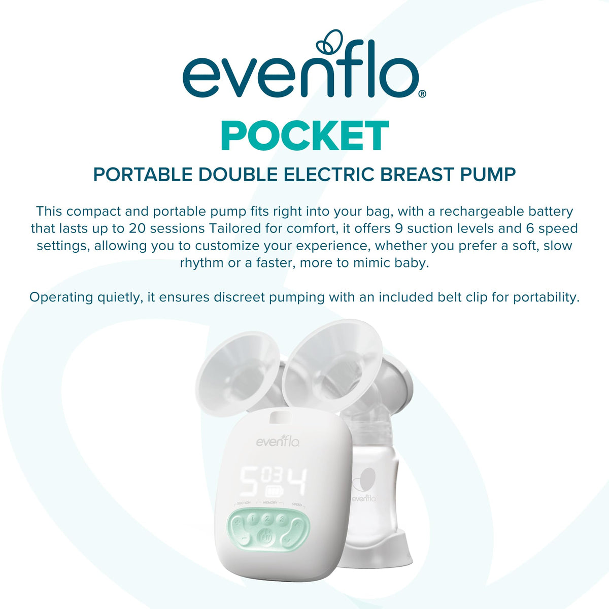 Evenflo Pocket Portable Double Electric Breast Pump, White, 20 Pumping Sessions per Charge, 9 Suction Settings, 3 Memory Presets
