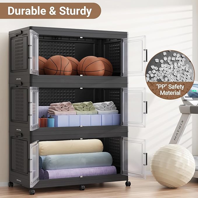 BROVIEW 800Qt Plastic Storage Bins with Lid and Wheels, 4Pack Extra Large Stackable Storage Bins with Dividers,Closet Organizers and Storage Cabinet Collapsible Box Shelves for Home Kitchen,Black
