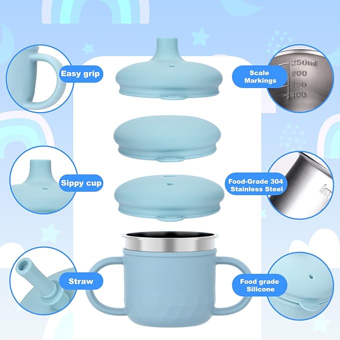 BUSOHA Stainless Steel Sippy Cups - 3 IN 1 Silicone Sippy Cup for Toddlers Baby Straw Cup with Brush Kids Cups with Lid and Silicon Straw Anti-Drop Spill Proof Cups for Travel,8 oz, Blue