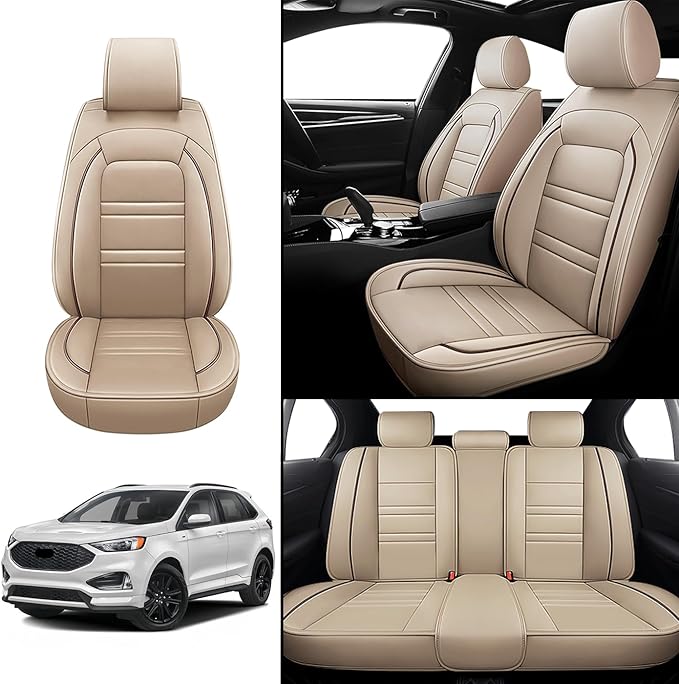 Seat Covers for Ford Edge 2007-2024 | 5-Seats Leather Seat Covers, Easy to Install Automotive Seat Covers Full Set (Full Set, Beige)