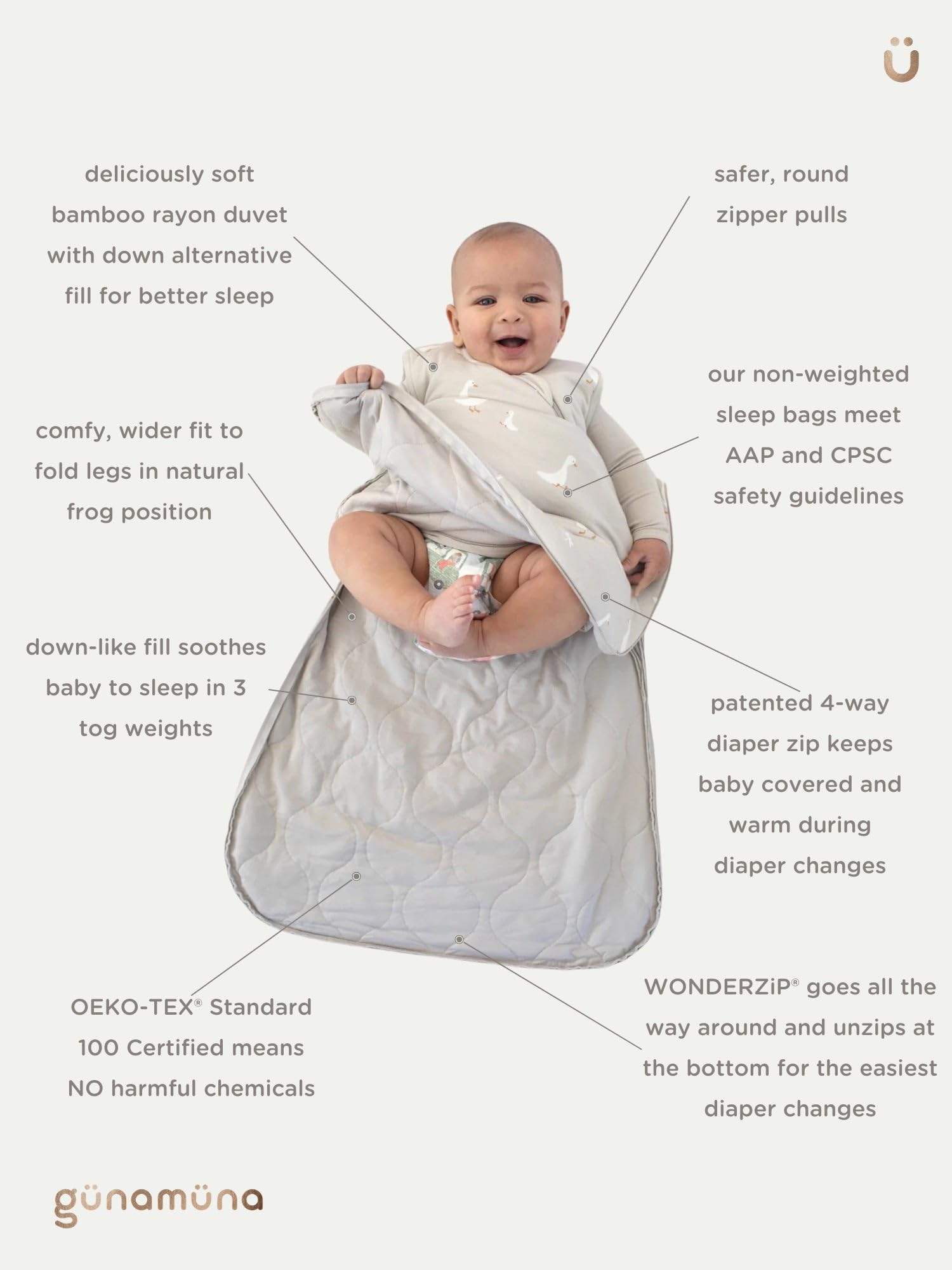 GUNAMUNA Sleep Sacks for Babies Toddlers and Newborns, Easy Changing Diaper Zipper, 2.5 TOG, Giraffe Moss, 9-18 Months