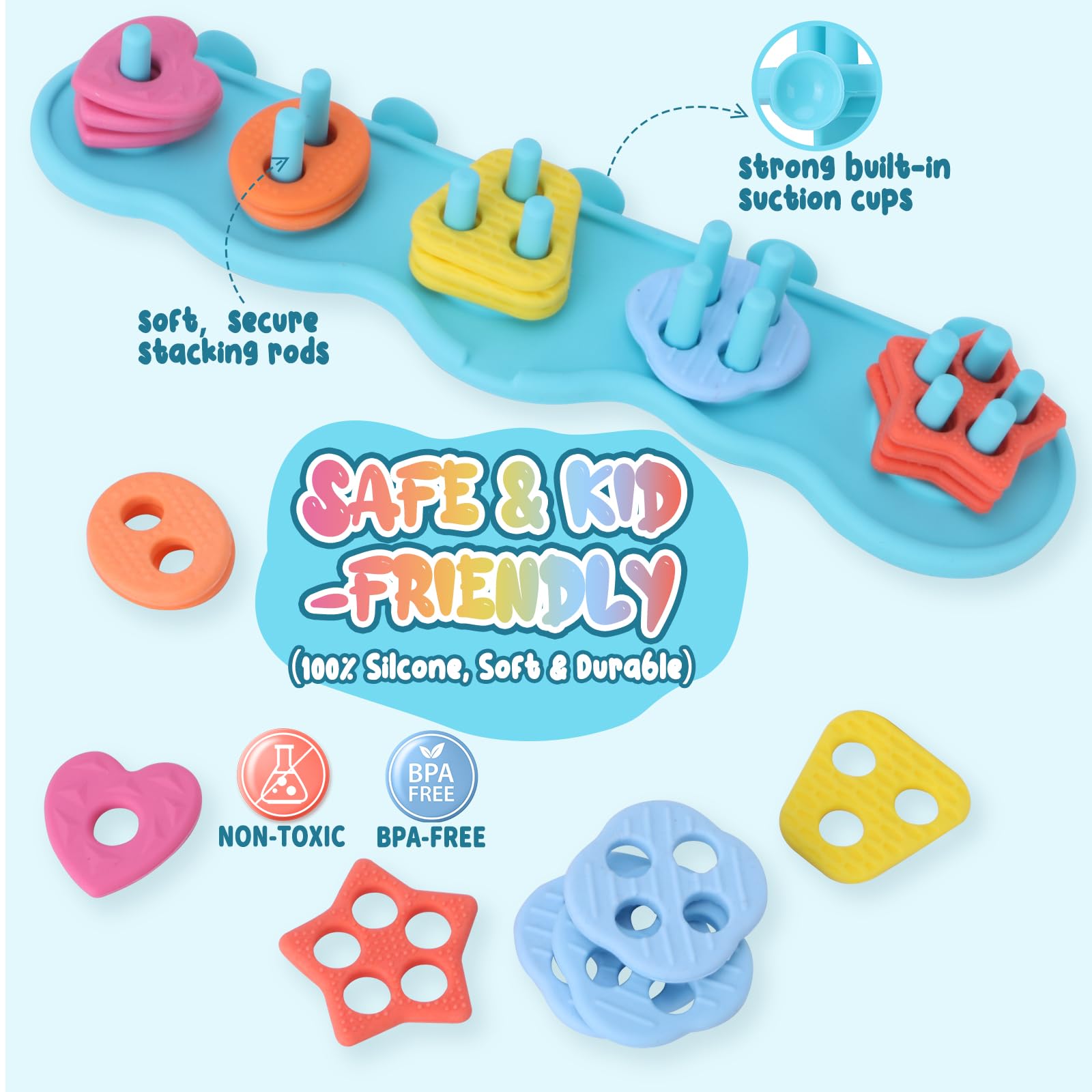 Baby Bath Toys, Mold Free Silcone Shape Sorting & Stacking Bath Toy Set with 20 Textured Floating Pieces, No Hole Design, Silicone Color & Shape Sorter for Toddler Early Learning Bathtub Fun