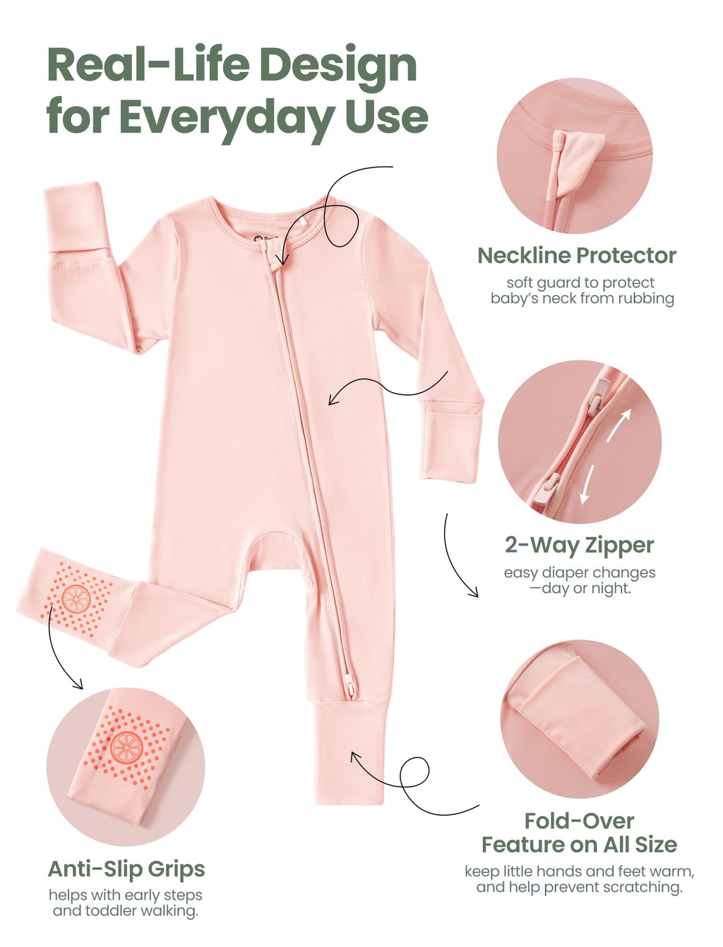 PATPAT 2-Pack Bamboo Viscose Baby Footie, with Anti-Slip Grips Blush Lemon 12-18 Months