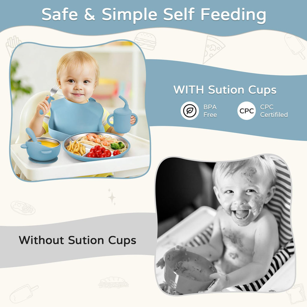 Toddler Plates and Bowls Set Stainless Steel - Bathchef Baby Feeding Set Strong Suction, BPA Free Durable Divided Plates, Safe Self Baby Feeding Utensils,Cup,Spoon,Fork,Dishwasher Safe,6pcs,Blue
