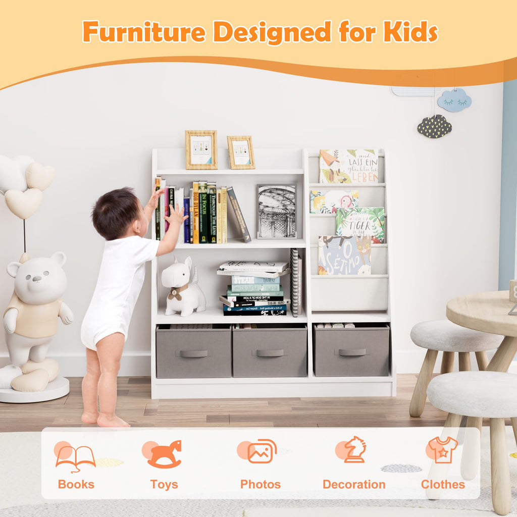 HedoAjim White Kids Bookshelf Wood Montessori Toy Storage Organizer Cabinet Shelf Child Bookcase Toddler Baby Sling Book Rack 3 Cube Bin Fabric Drawers for Playroom Bedroom Nursery School