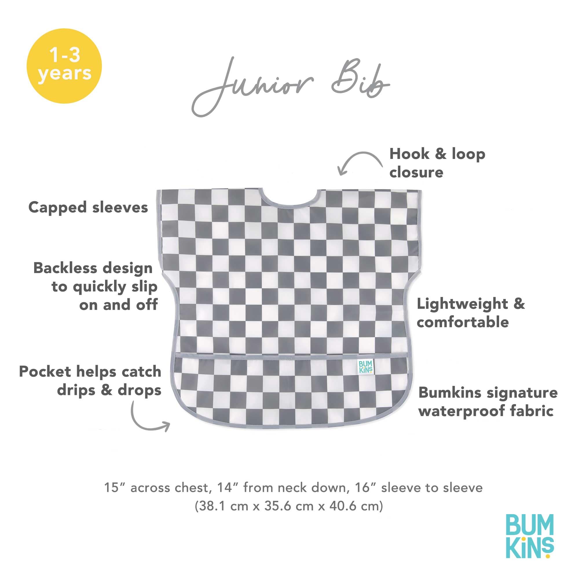Bumkins Short Sleeve Bib for Girl or Boy, Toddler and Kids for 1-3 Years, Large Size, Essential Must Have for Junior Children, Eating, Mess Saving Soft Fabric Apron for Play, Charcoal Check
