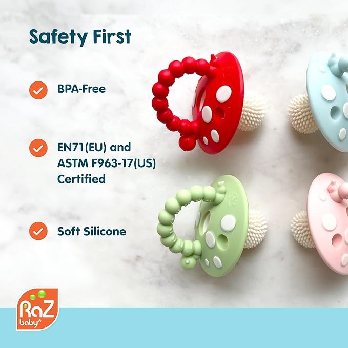 RaZbaby Soft Silicone Infant & Baby 3M+ Teether Toy Massaging Bristles Teething Relief Pacifier - Soothes Sore Gums - Hands-Free & Easy-to-Hold Chompy Teether, BPA Free (RED/Blue)